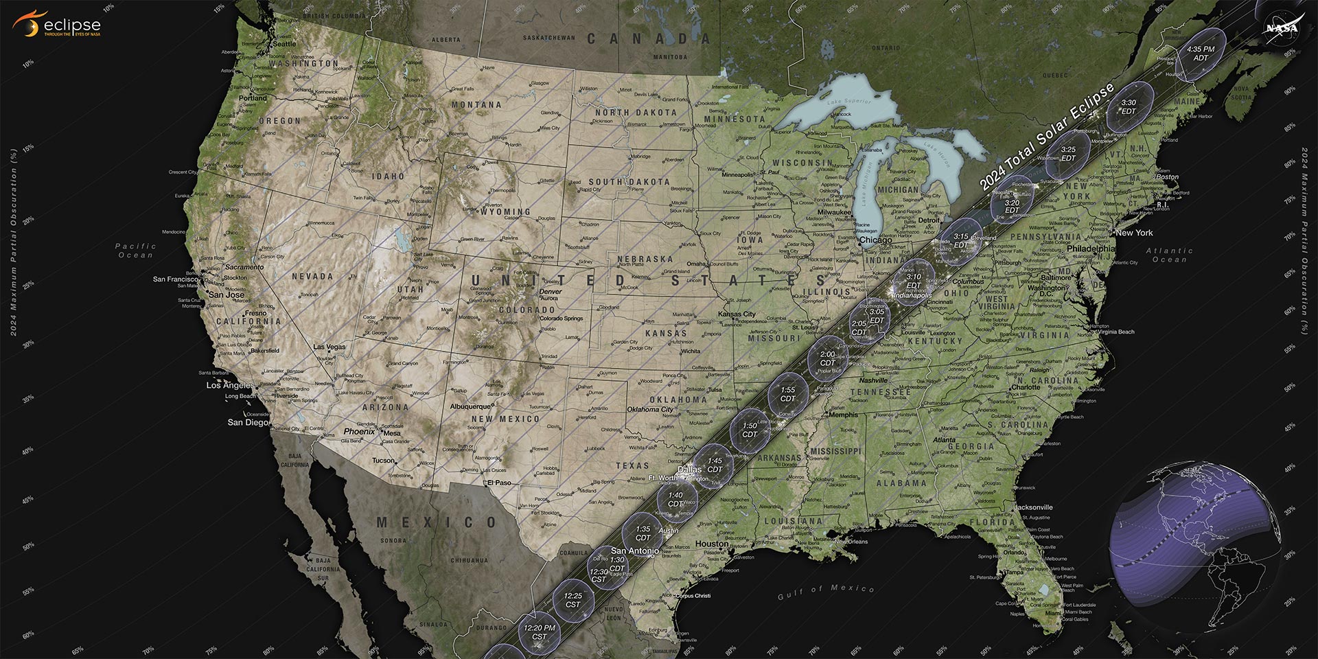 NASA April 8, 2024, map of totality across the United States.